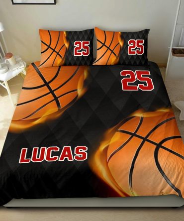 Personalized Basketball Duvet Cover Set, Basketball Ball Fire Player Gift Idea Black Duvet Cover & Pillowcases, Custom Name Number Bedding Set
