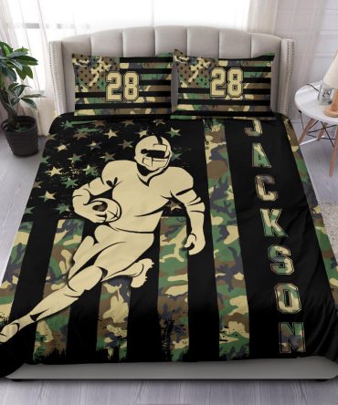 Personalized Football Duvet Cover Set, Football Flag Green Camo Player Gift Idea Duvet Cover & Pillowcases, Custom Name Number Bedding Set