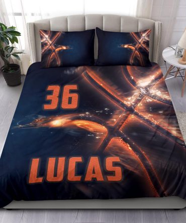 Personalized Basketball Duvet Cover Set, Basketball Ball Pattern Fire Player Gift Duvet Cover & Pillowcases, Custom Name Number Bedding Set