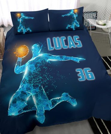 Personalized Basketball Duvet Cover Set, Basketball Boy Digital Blue Player Gift Idea Duvet Cover & Pillowcases, Custom Name Number Bedding Set