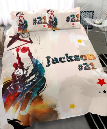 Personalized Basketball Duvet Cover Set, Basketball Watercolor Player Gift Idea Beige Duvet Cover & Pillowcases, Custom Name Number Bedding Set