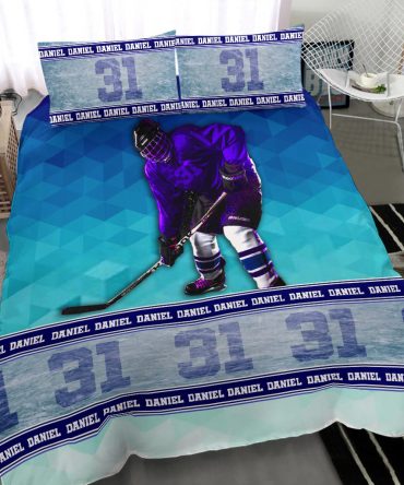 Personalized Hockey Duvet Cover Set, Ice Hockey Player Unique Gift Idea Blue Duvet Cover & Pillowcases, Custom Name Number Bedding Set