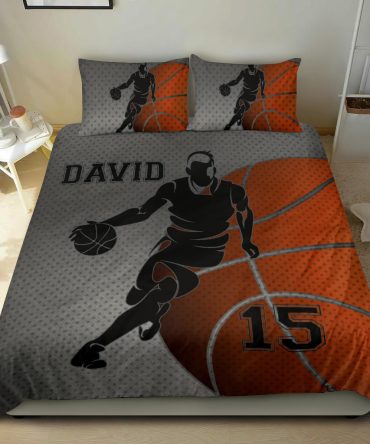 Personalized Basketball Duvet Cover Set, Basketball Boy Player Unique Gift Idea Grey Duvet Cover & Pillowcases, Custom Name Number Bedding Set