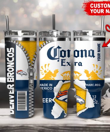 Personalized Denver Broncos Beer Mug - Custom Name on Corona Extra Design