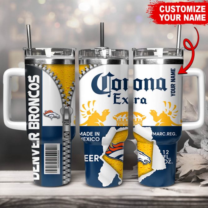 Personalized Denver Broncos Beer Mug - Custom Name on Corona Extra Design