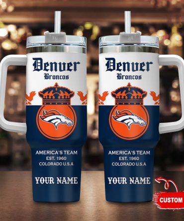 Custom Denver Broncos Tumbler with Handle & Straw - Personalized Fan Gift