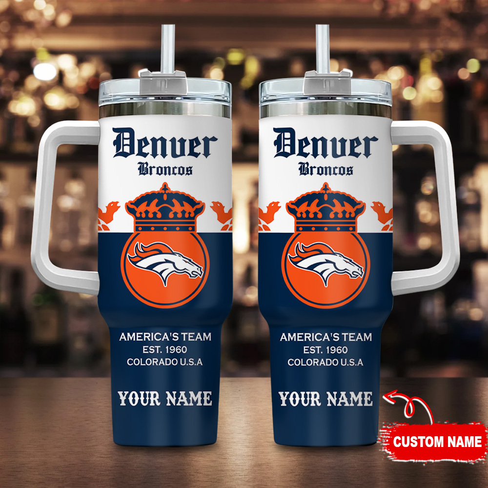 Custom Denver Broncos Tumbler with Handle & Straw - Personalized Fan Gift