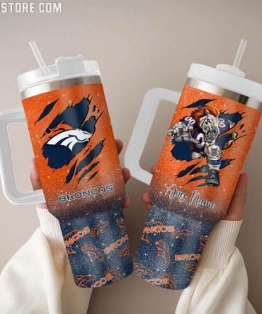 Personalized Broncos Tumbler with Handle - Custom Name Sports Fan Gift