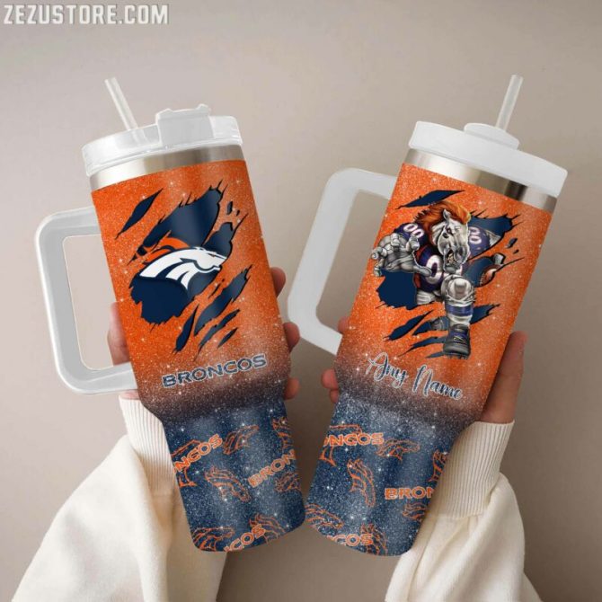 Personalized Broncos Tumbler with Handle - Custom Name Sports Fan Gift
