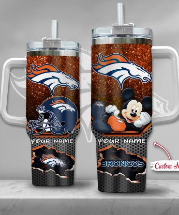 Custom Broncos Tumbler with Handle - Personalized Mickey Mouse Design