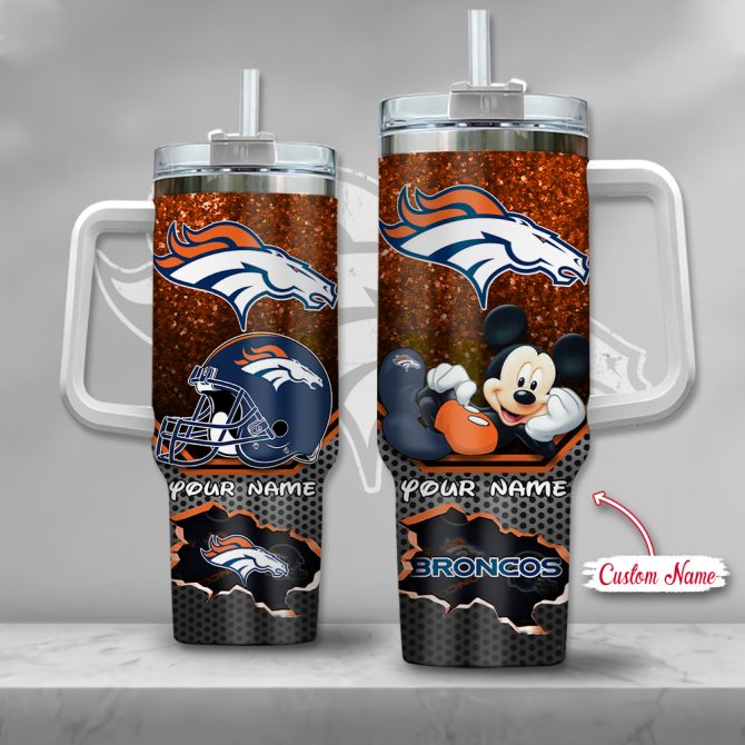 Custom Broncos Tumbler with Handle - Personalized Mickey Mouse Design