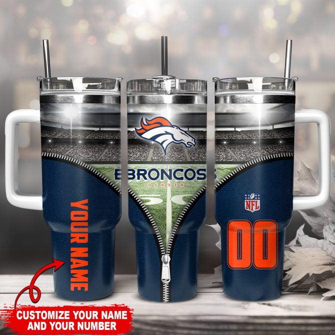 Personalized Broncos Tumbler with Handle and Straw - Custom Name & Number