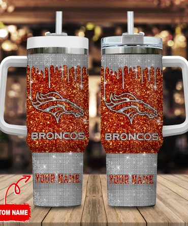 Custom Glitter Broncos Tumbler with Handle & Straw - Personalized Name