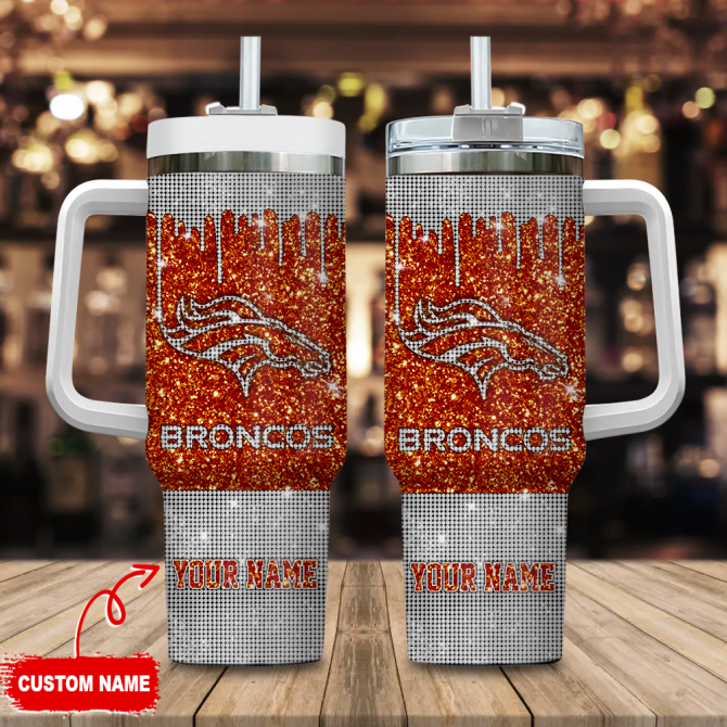 Custom Glitter Broncos Tumbler with Handle & Straw - Personalized Name
