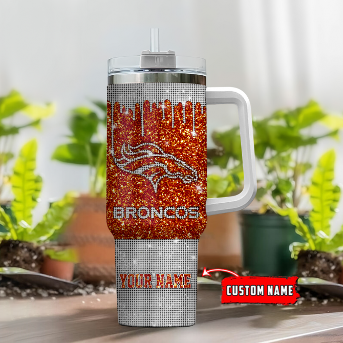Custom Glitter Broncos Tumbler with Handle & Straw - Personalized Name - Image 2
