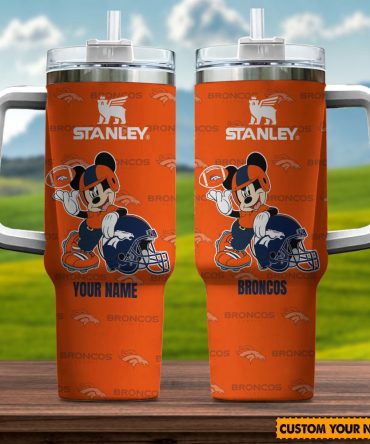 Custom Personalized Broncos Tumbler with Handle & Straw - Mickey Football Design