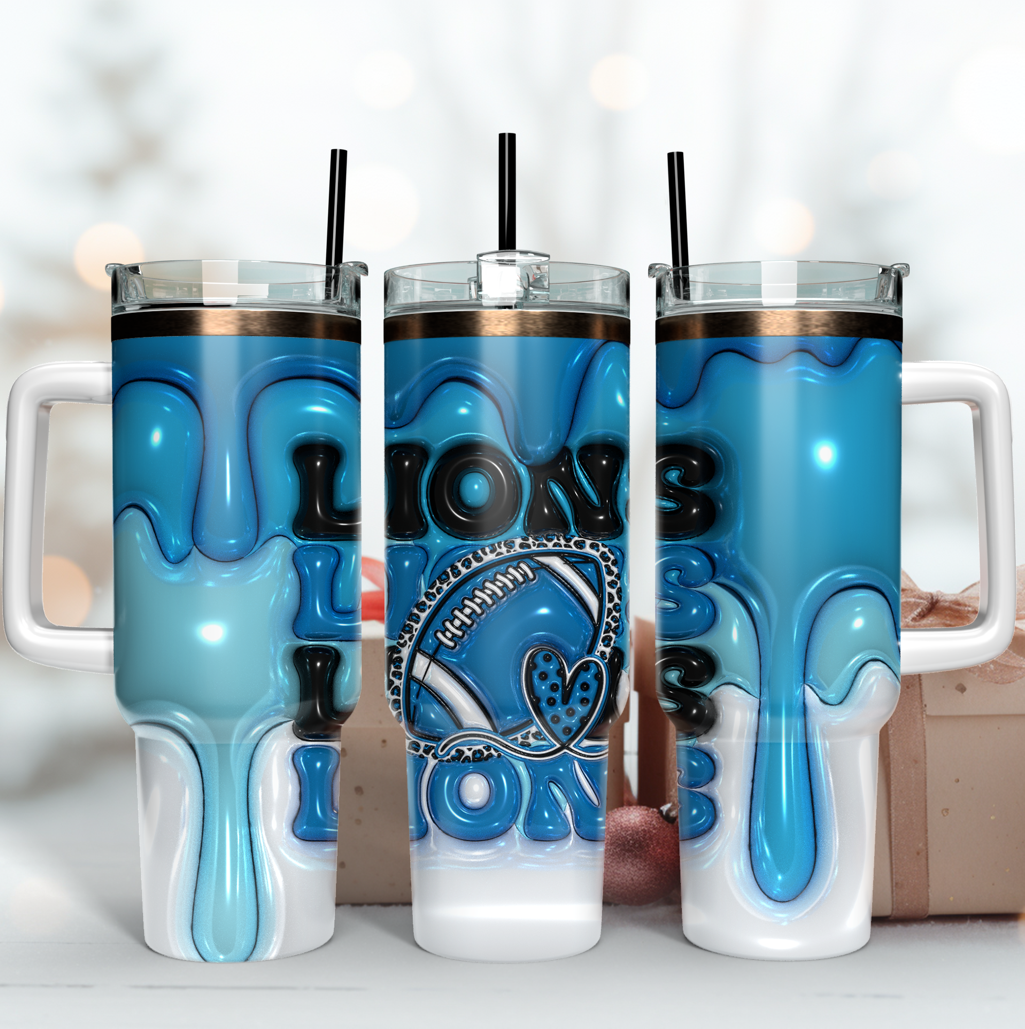 Stylish Blue Drip Football Tumbler with Straw - Perfect for Game Day