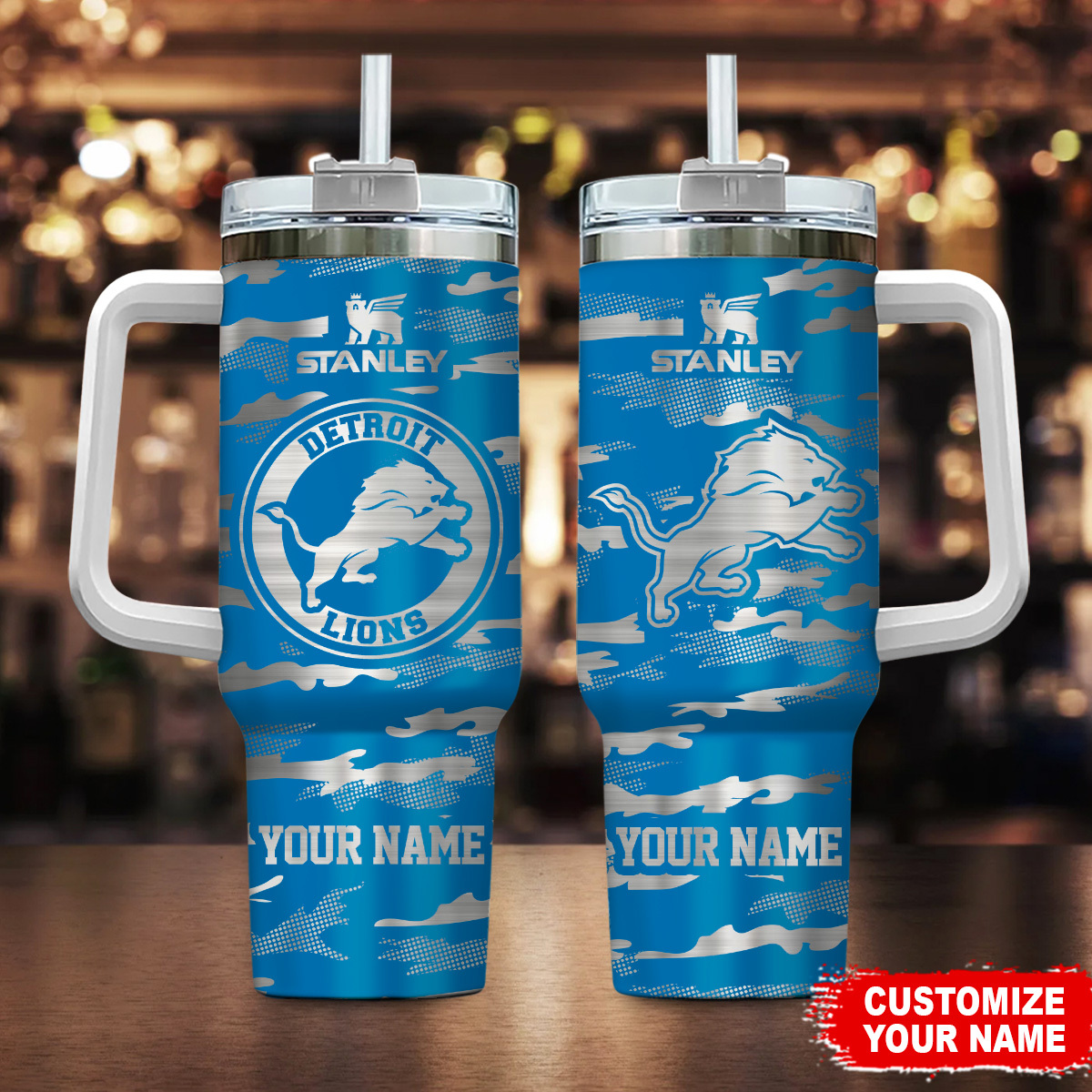 Personalized Detroit Lions Stainless Steel Tumbler with Handle & Straw