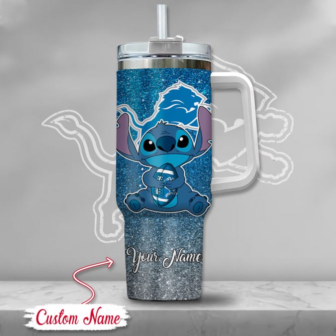 Custom Name Detroit Lions Glitter Tumbler with Straw - Cute Cartoon Design - Image 2