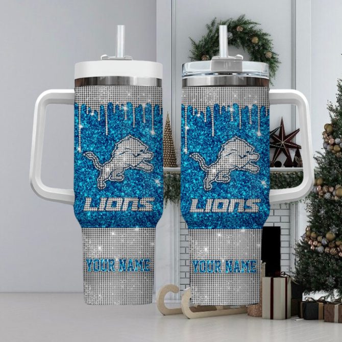 Personalized Lions Glitter Tumbler with Handle - Custom Name Gift