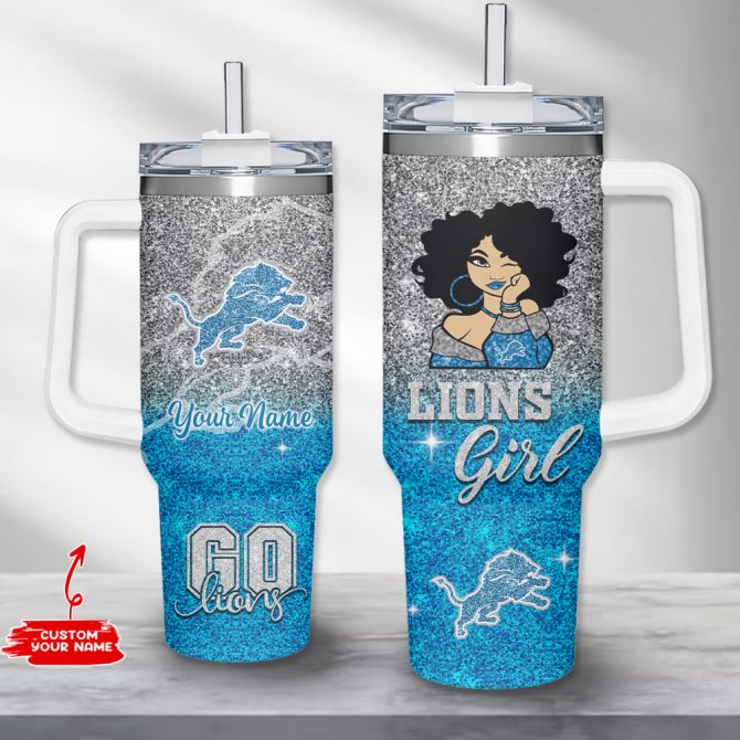 Custom Glitter Lions Girl Tumbler - Personalized Name