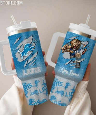 Personalized Lions Fan Tumbler with Handle & Straw - Custom Name Gift