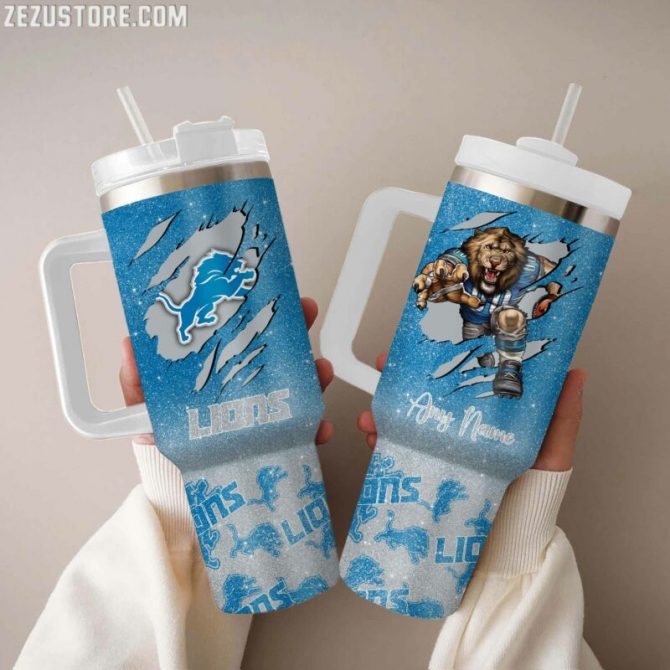 Personalized Lions Fan Tumbler with Handle & Straw - Custom Name Gift