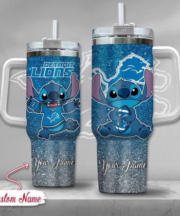 Custom Name Detroit Lions Glitter Tumbler with Straw - Cute Cartoon Design