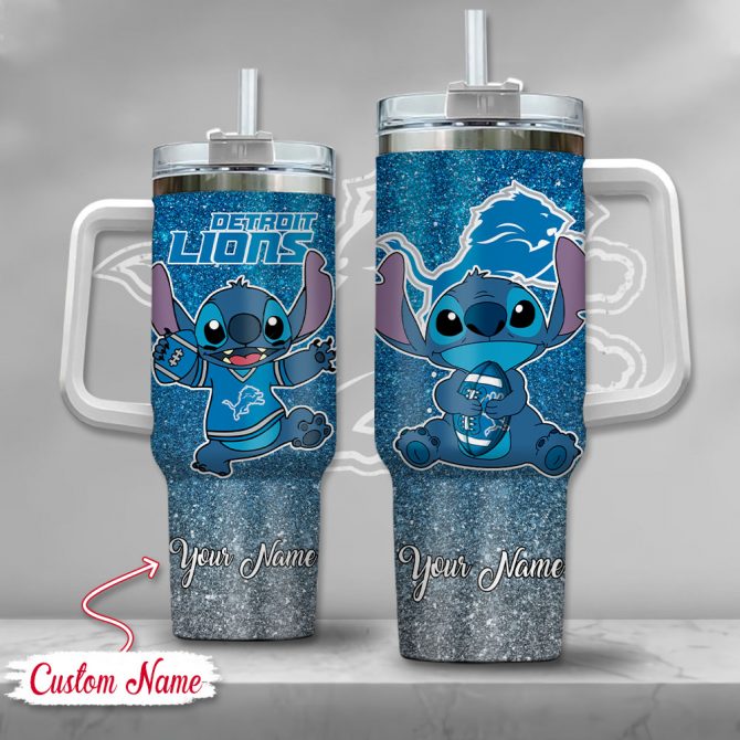 Custom Name Detroit Lions Glitter Tumbler with Straw - Cute Cartoon Design