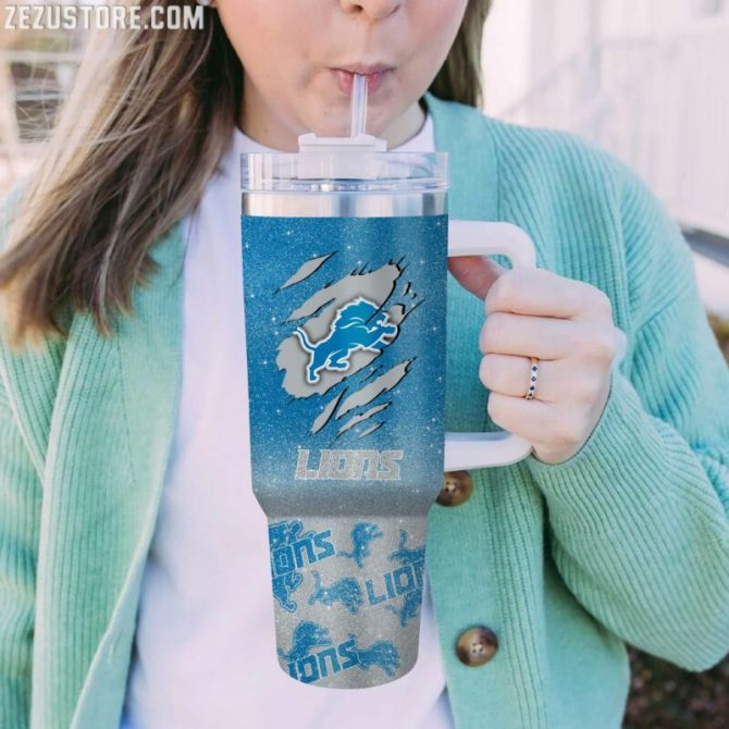 Personalized Lions Fan Tumbler with Handle & Straw - Custom Name Gift - Image 2