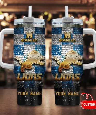 Custom Name Lion Tumbler - Personalized Travel Mug with Handle & Straw