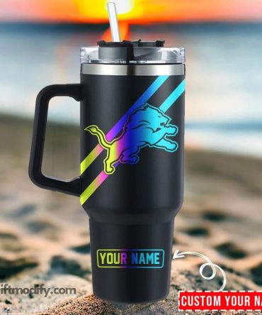 Personalized Rainbow Lion Tumbler with Handle - Customizable Name Travel Mug