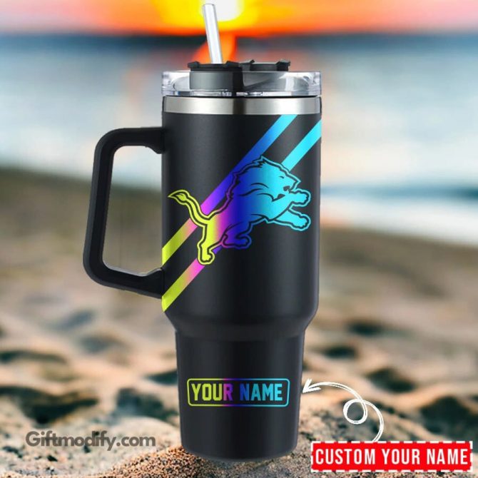Personalized Rainbow Lion Tumbler with Handle - Customizable Name Travel Mug
