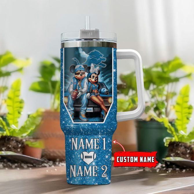 Custom Name Detroit Lions Tumbler with Mickey and Minnie Design - Personalized Gift - Image 2