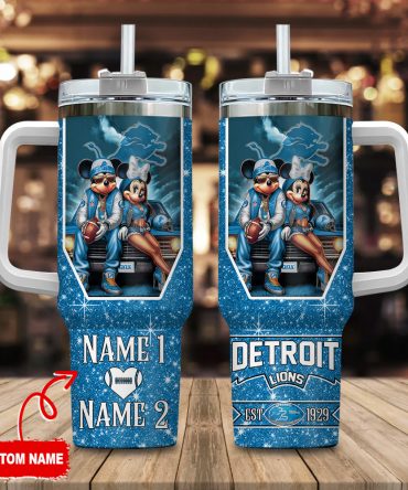 Custom Name Detroit Lions Tumbler with Mickey and Minnie Design - Personalized Gift