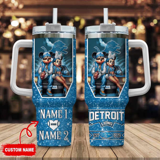 Custom Name Detroit Lions Tumbler with Mickey and Minnie Design - Personalized Gift