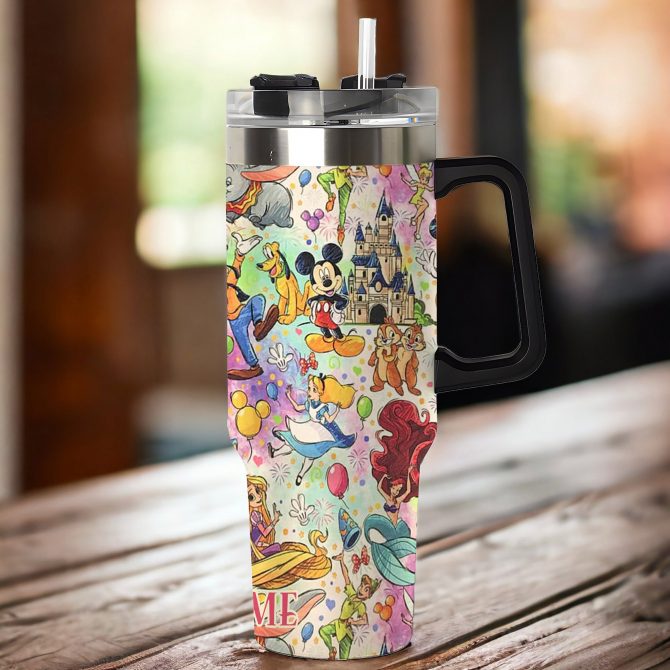 Colorful Cartoon Character Insulated Tumbler - 40oz Travel Mug with Handle & Straw - Image 3