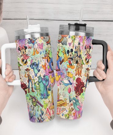 Colorful Cartoon Character Insulated Tumbler - 40oz Travel Mug with Handle & Straw