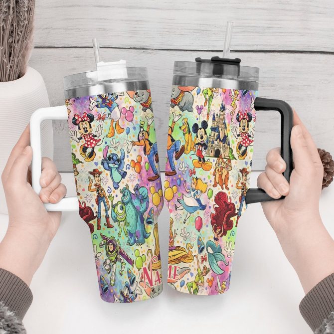 Colorful Cartoon Character Insulated Tumbler - 40oz Travel Mug with Handle & Straw