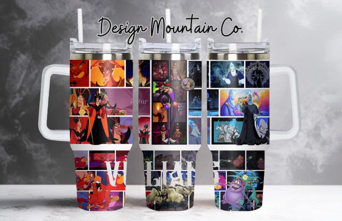 Enchanting Villains Collage Tumbler - Double-Walled, Spill-Proof, Reusable Cup with Handle