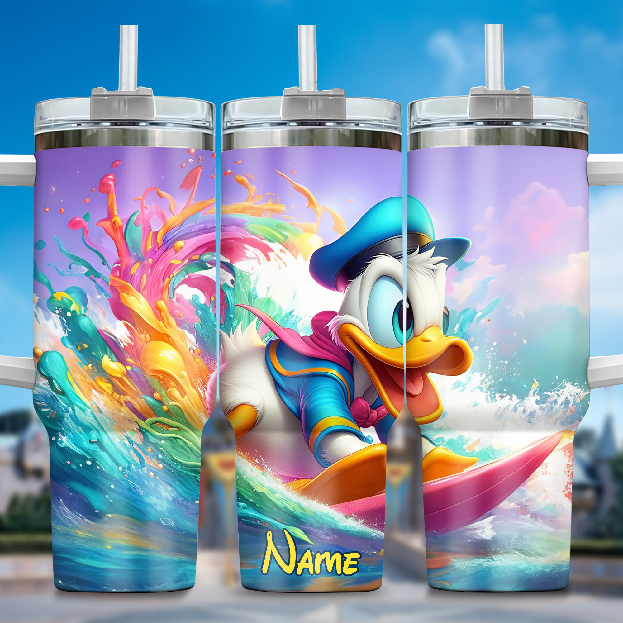 Personalized Surfing Duck Tumbler - Vibrant Colors & Fun Design