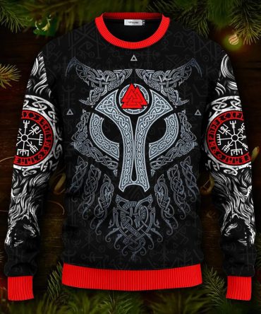 Cool Wolf Vegvisir Pattern Viking Ugly Christmas Sweater