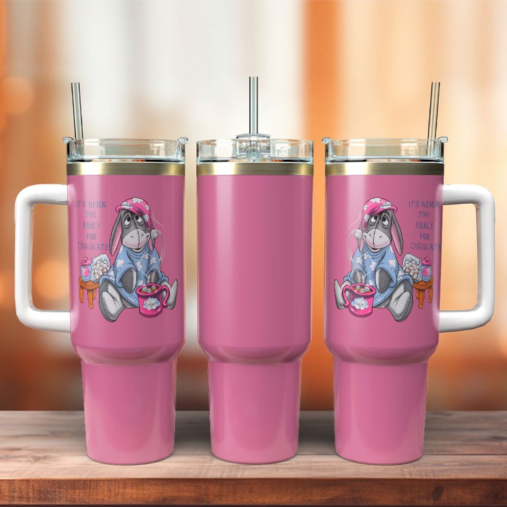 Cute Pink Travel Mug with Cartoon Donkey Design - Perfect for Coffee Lovers