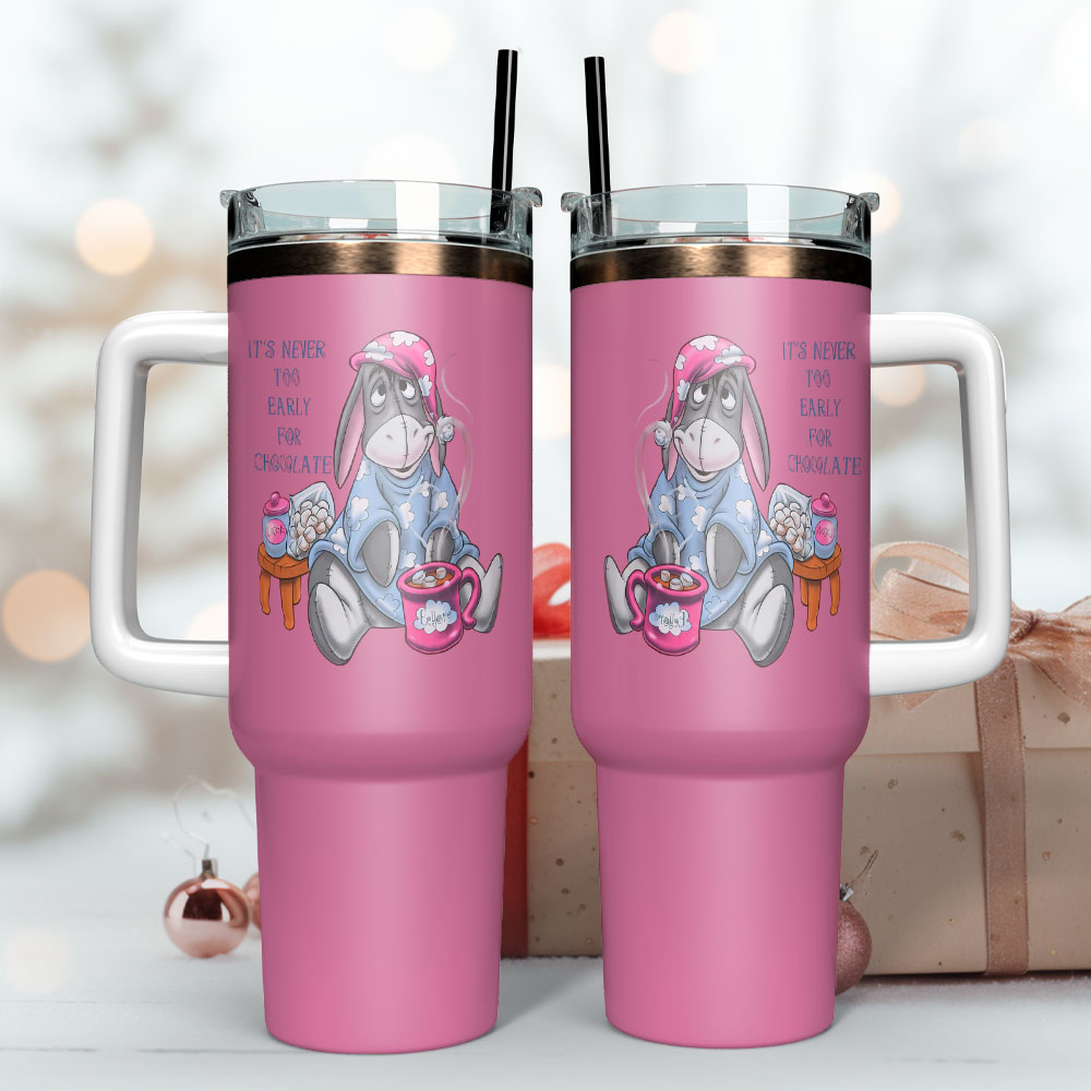 Cute Pink Travel Mug with Cartoon Donkey Design - Perfect for Coffee Lovers - Image 3