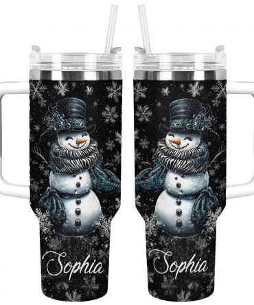 Elegant Midnight Snowman Christmas Custom Stanley Quencher 40oz Stainless Steel Tumbler With Handle
