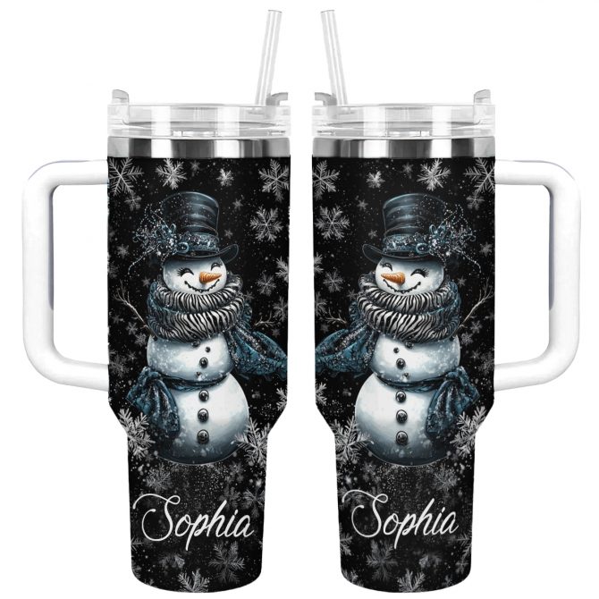 Elegant Midnight Snowman Christmas Custom Stanley Quencher 40oz Stainless Steel Tumbler With Handle