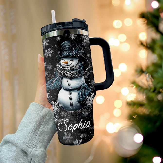 Elegant Midnight Snowman Christmas Custom Stanley Quencher 40oz Stainless Steel Tumbler With Handle - Image 2