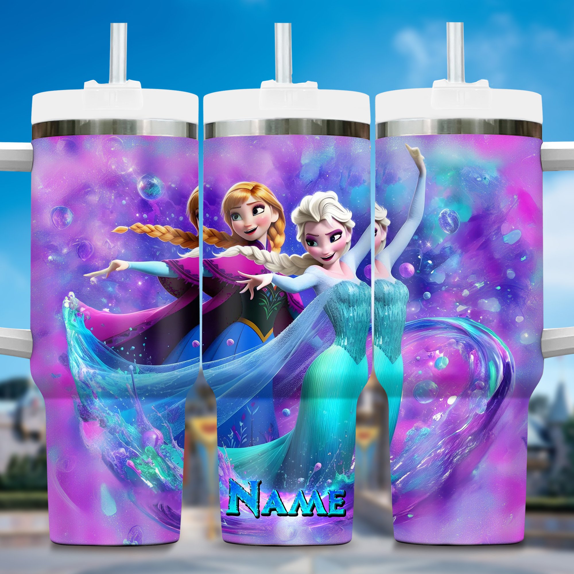 Personalized Frozen Tumbler with Straw - Custom Name Disney Princess Design
