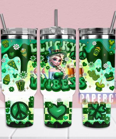 Lucky Vibes St. Patrick's Day Themed Tumbler with Handle & Straw