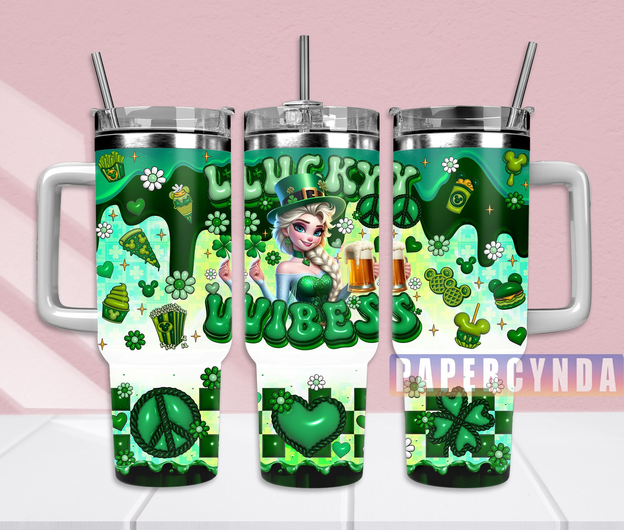 Lucky Vibes St. Patrick's Day Themed Tumbler with Handle & Straw